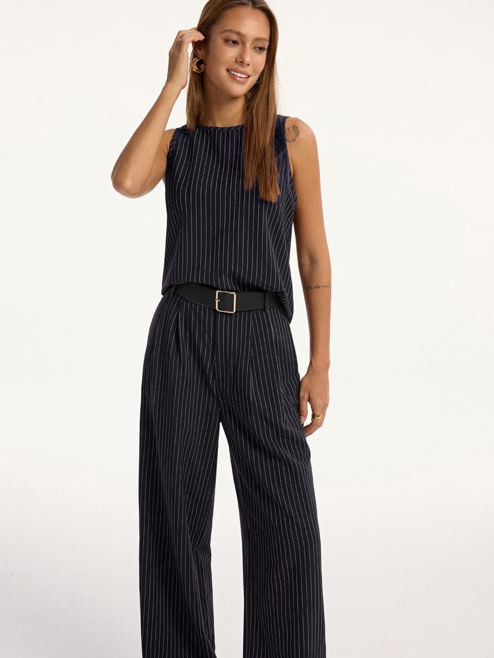COMMENSE Pinstriped Sleeveless Top & Pant Set with Belt - Picture 3 of 3